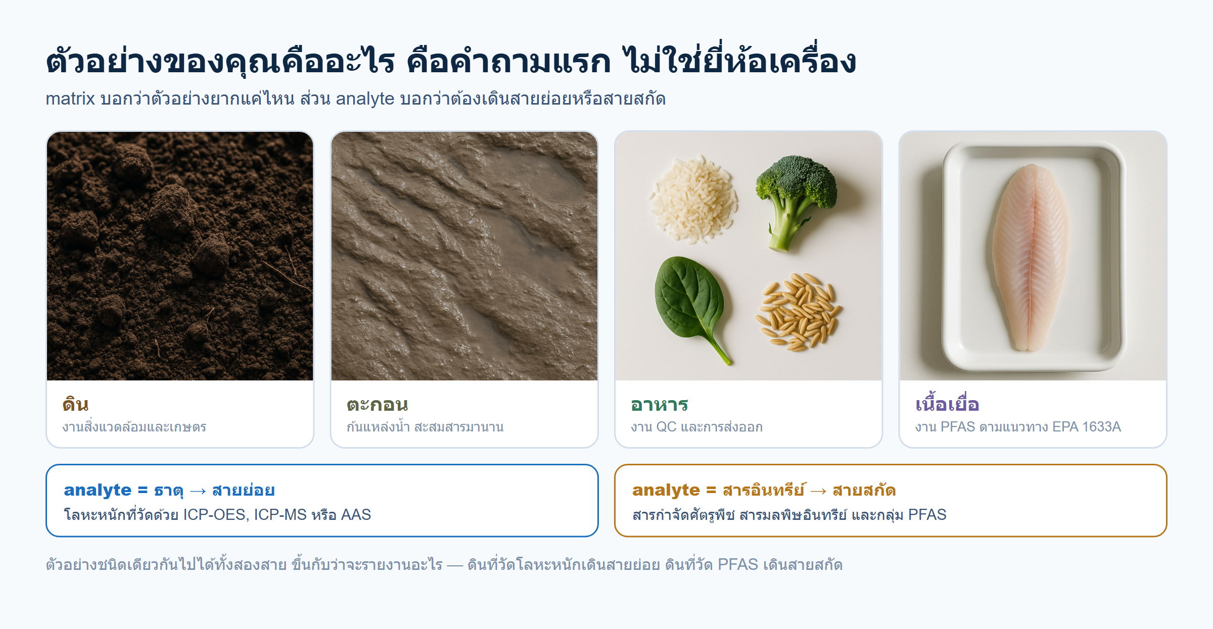 ภาพถ่ายชนิดตัวอย่างที่พบบ่อยในงานเตรียมตัวอย่าง ได้แก่ ดิน ตะกอน อาหาร และเนื้อเยื่อ พร้อมเงื่อนไขว่า analyte ที่เป็นธาตุจะเดินสายย่อย ส่วน analyte ที่เป็นสารอินทรีย์จะเดินสายสกัด