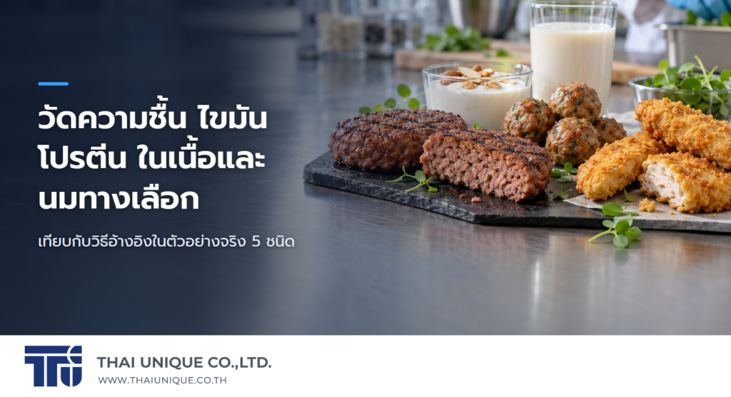 วัดความชื้น ไขมัน โปรตีน ในเนื้อและนมทางเลือก — เทียบกับวิธีอ้างอิงในตัวอย่างจริง 5 ชนิด
